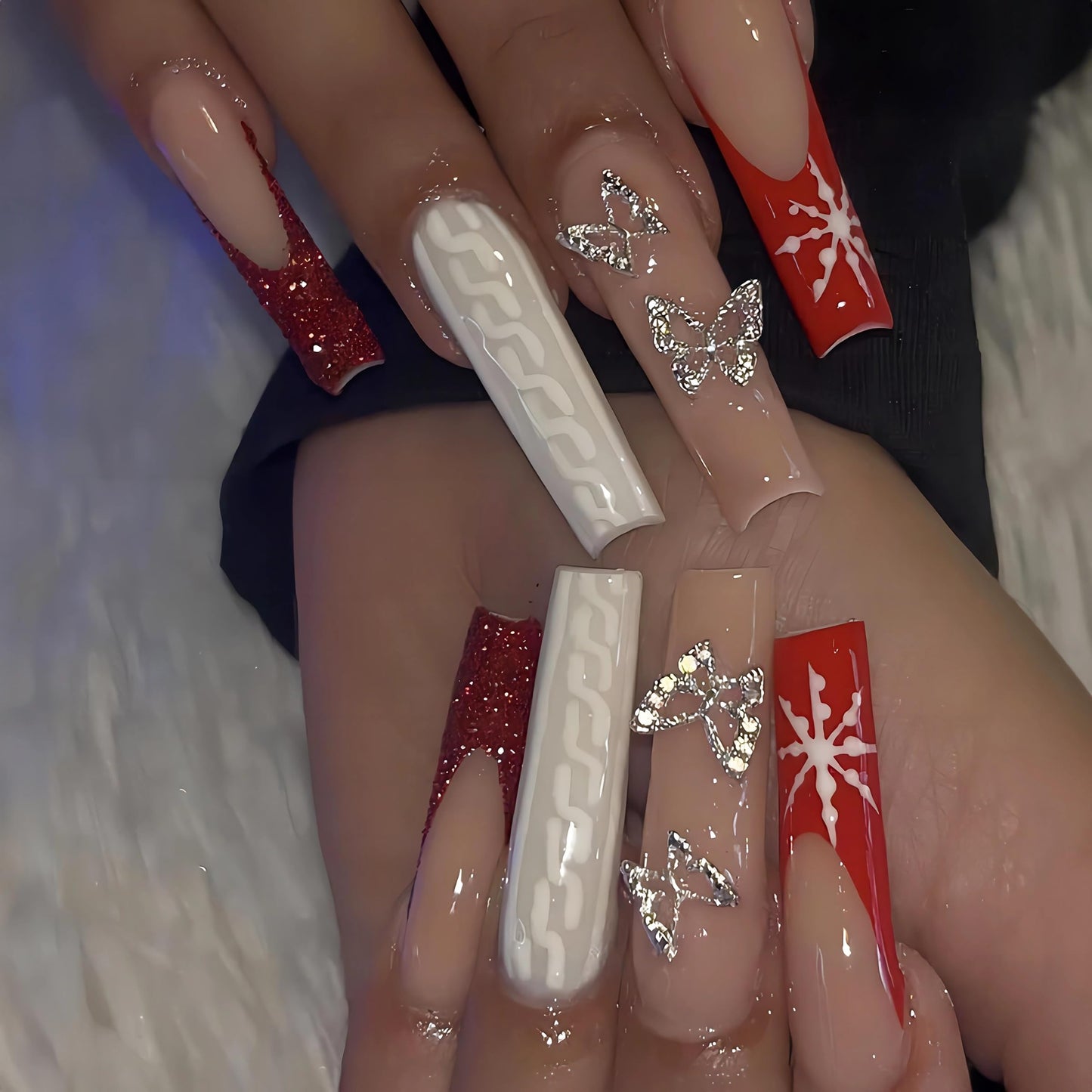 BABALAL Square Press on Nails Medium Fake Nails Sliver Glue on Nails Shiny Squoval Flower Stick on Nails for Women and Girls