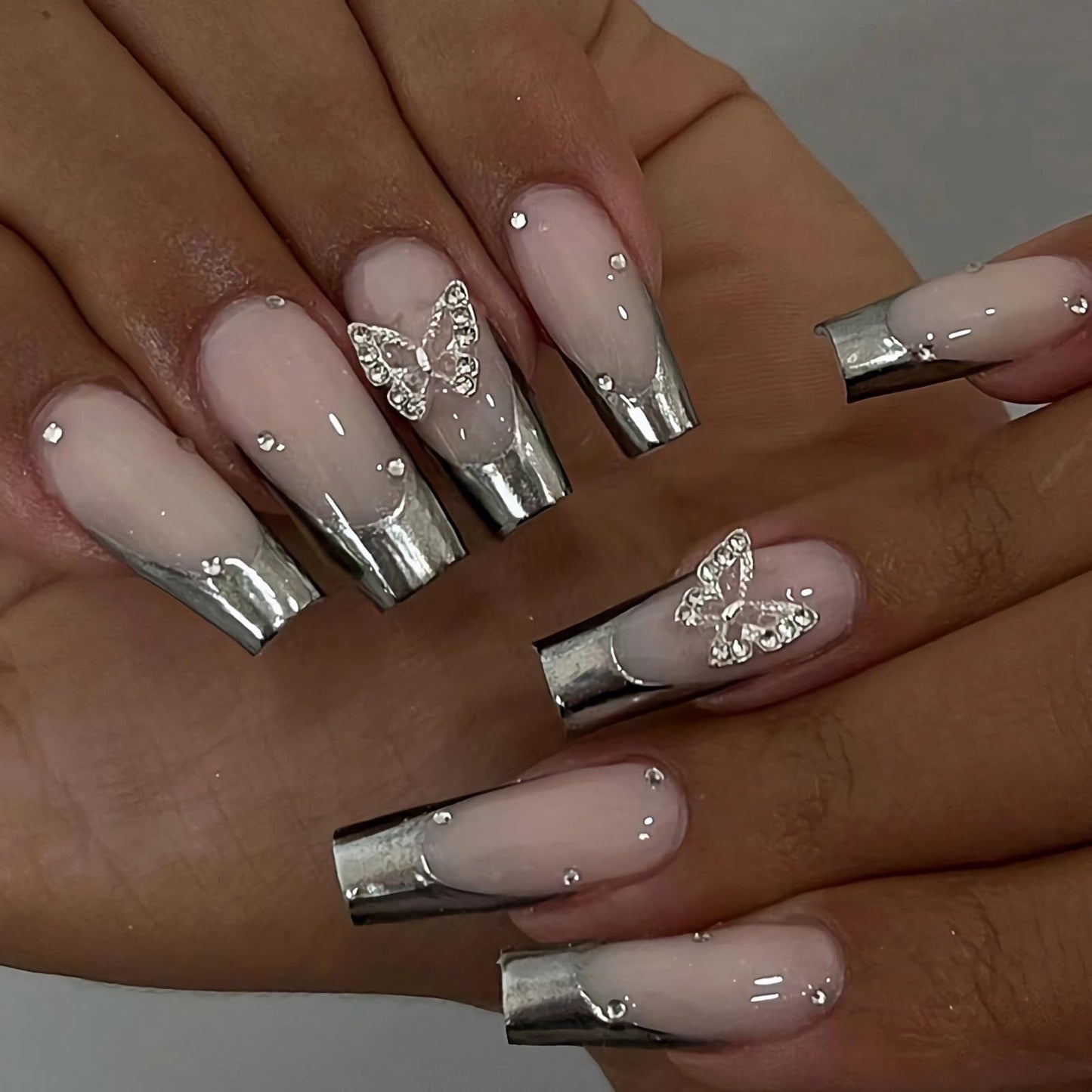 BABALAL Square Press on Nails Medium Fake Nails Sliver Glue on Nails Shiny Squoval Flower Stick on Nails for Women and Girls
