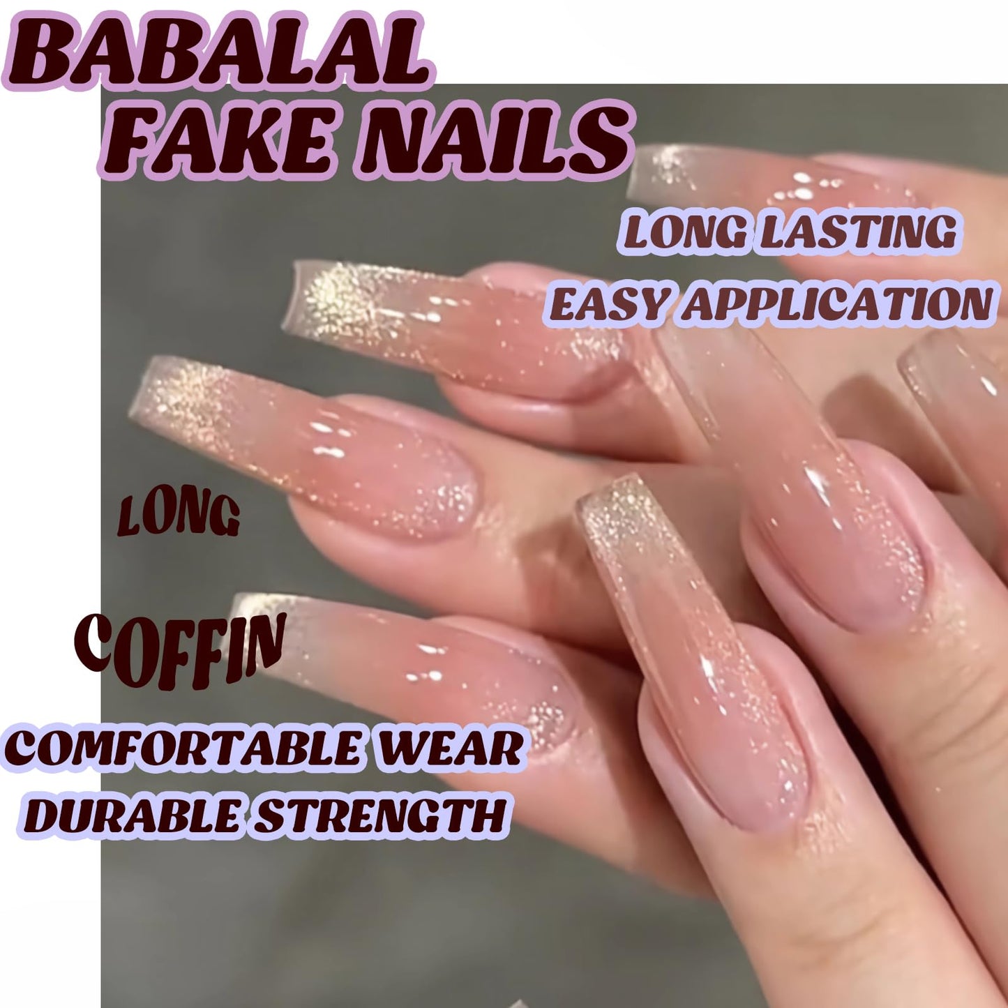 BABALAL Coffin Press on Nails Long Fake Nails White French Glue on Nails Glitter Rhinestone Flower Design Ballerina False Nails 24Pcs Shiny Acrylic Nails for Women and Girls