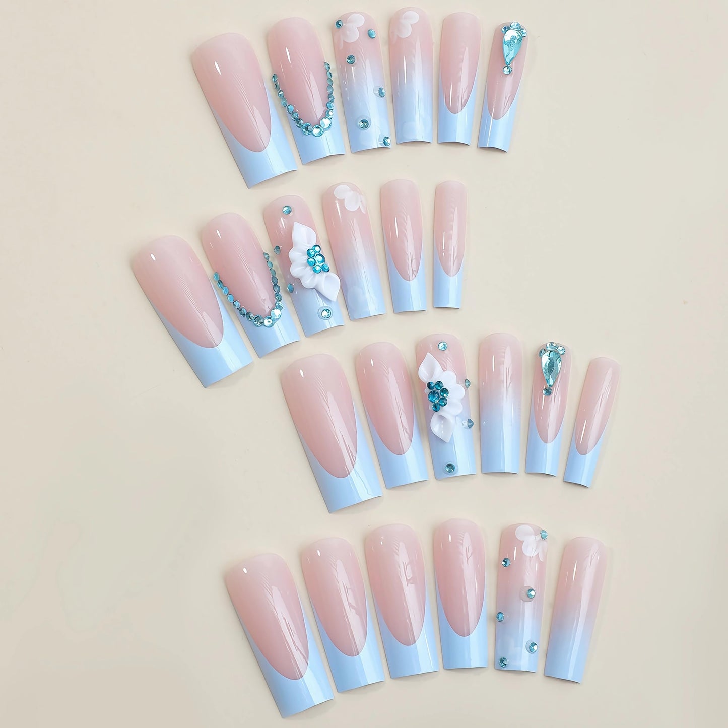 BABALAL Square Press on Nails Medium Fake Nails Sliver Glue on Nails Shiny Squoval Flower Stick on Nails for Women and Girls
