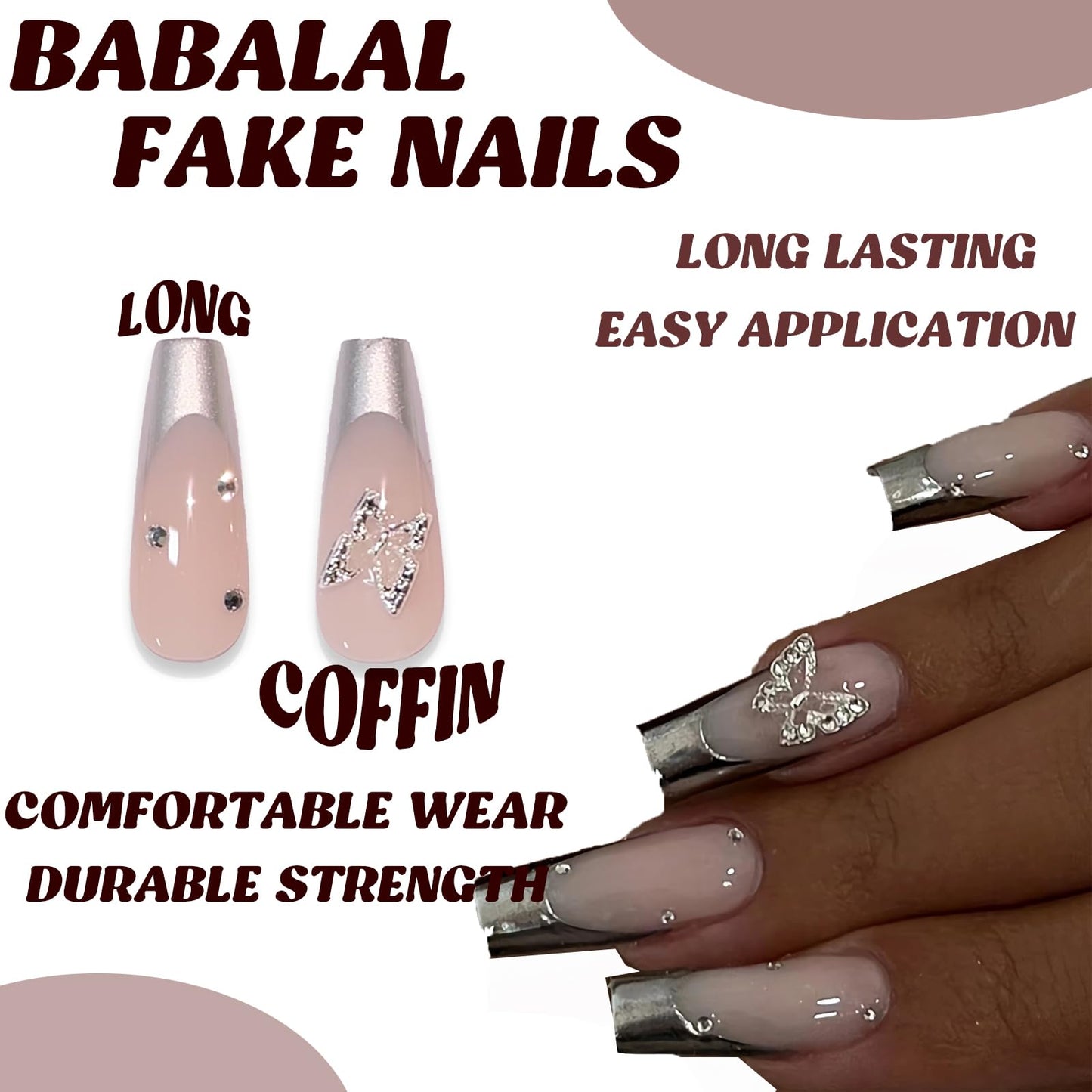 BABALAL Square Press on Nails Medium Fake Nails Sliver Glue on Nails Shiny Squoval Flower Stick on Nails for Women and Girls