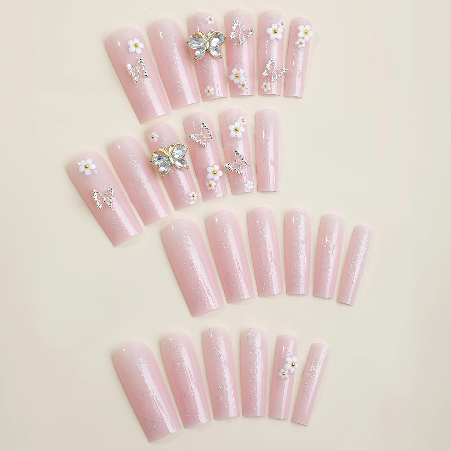 BABALAL Square Press on Nails Medium Fake Nails Sliver Glue on Nails Shiny Squoval Flower Stick on Nails for Women and Girls