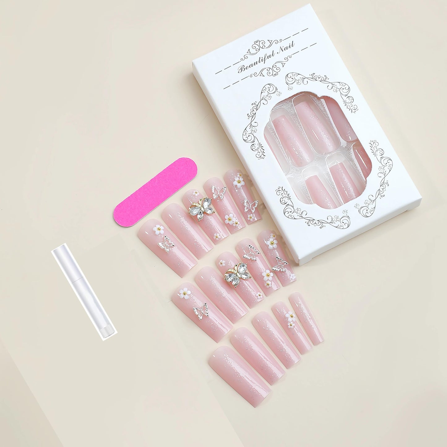 BABALAL Square Press on Nails Medium Fake Nails Sliver Glue on Nails Shiny Squoval Flower Stick on Nails for Women and Girls