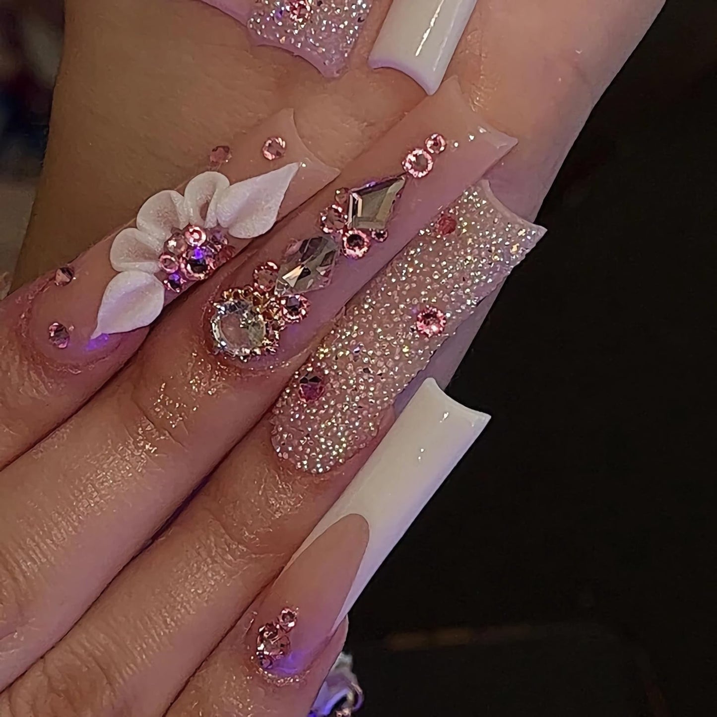 BABALAL Coffin Press on Nails Long Fake Nails White French Glue on Nails Glitter Rhinestone Flower Design Ballerina False Nails 24Pcs Shiny Acrylic Nails for Women and Girls