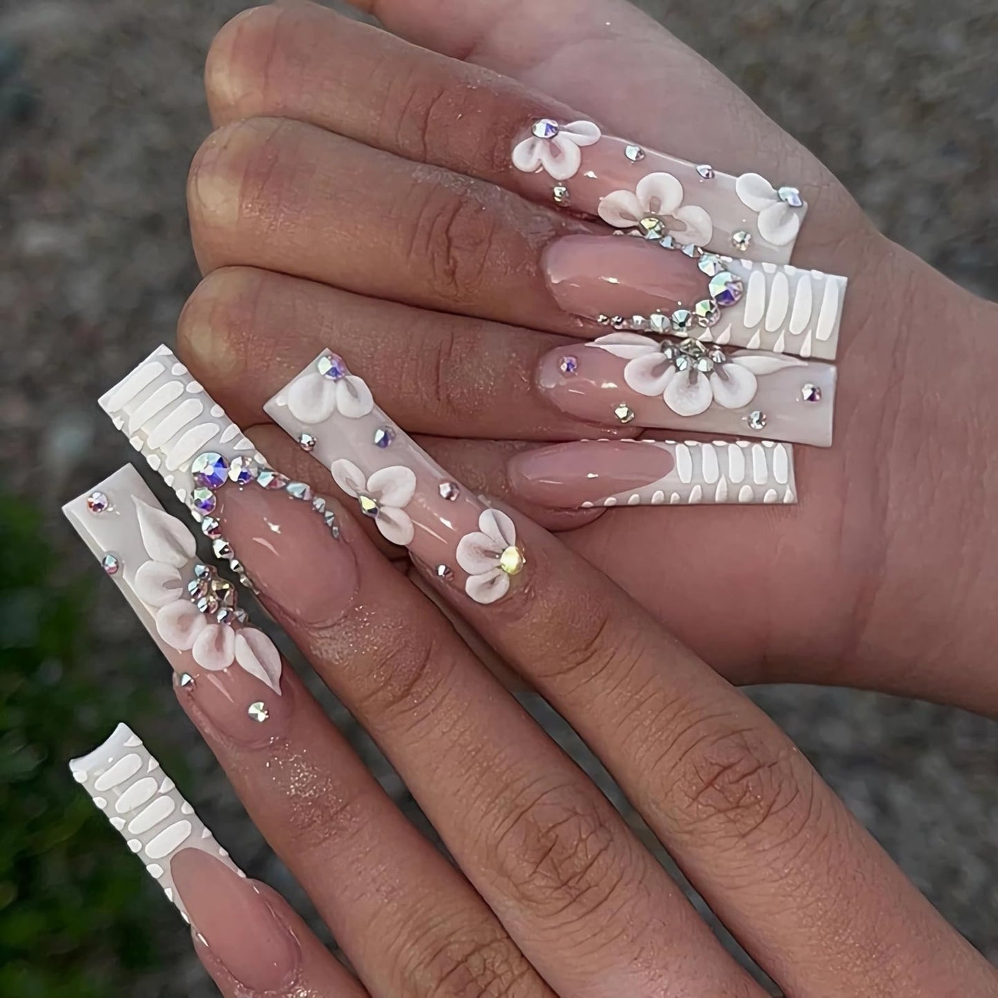 BABALAL Square Press on Nails Medium Fake Nails Sliver Glue on Nails Shiny Squoval Flower Stick on Nails for Women and Girls
