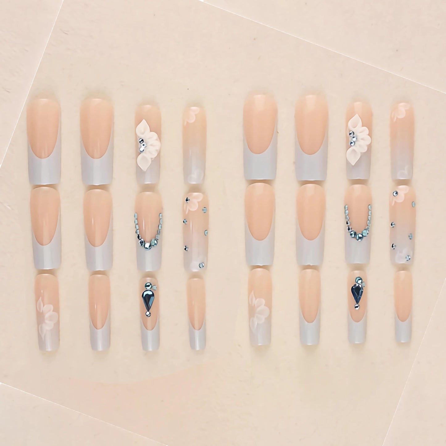 BABALAL Square Press on Nails Medium Fake Nails Sliver Glue on Nails Shiny Squoval Flower Stick on Nails for Women and Girls