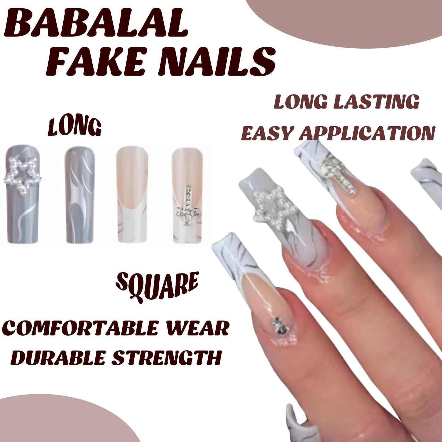 BABALAL Square Press on Nails Medium Fake Nails Sliver Glue on Nails Shiny Squoval Flower Stick on Nails for Women and Girls