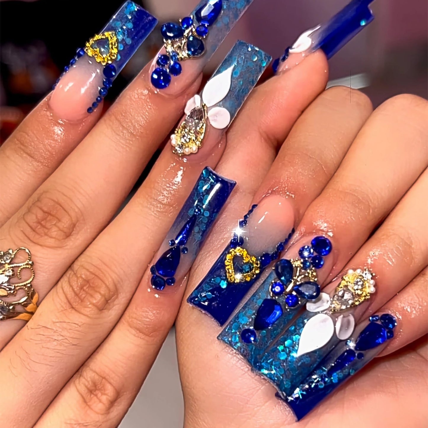 BABALAL Square Press on Nails Medium Fake Nails Sliver Glue on Nails Shiny Squoval Flower Stick on Nails for Women and Girls