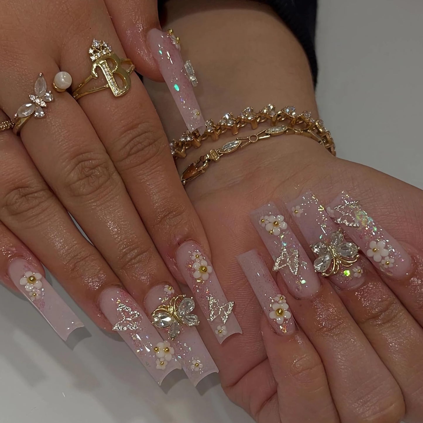 BABALAL Square Press on Nails Medium Fake Nails Sliver Glue on Nails Shiny Squoval Flower Stick on Nails for Women and Girls