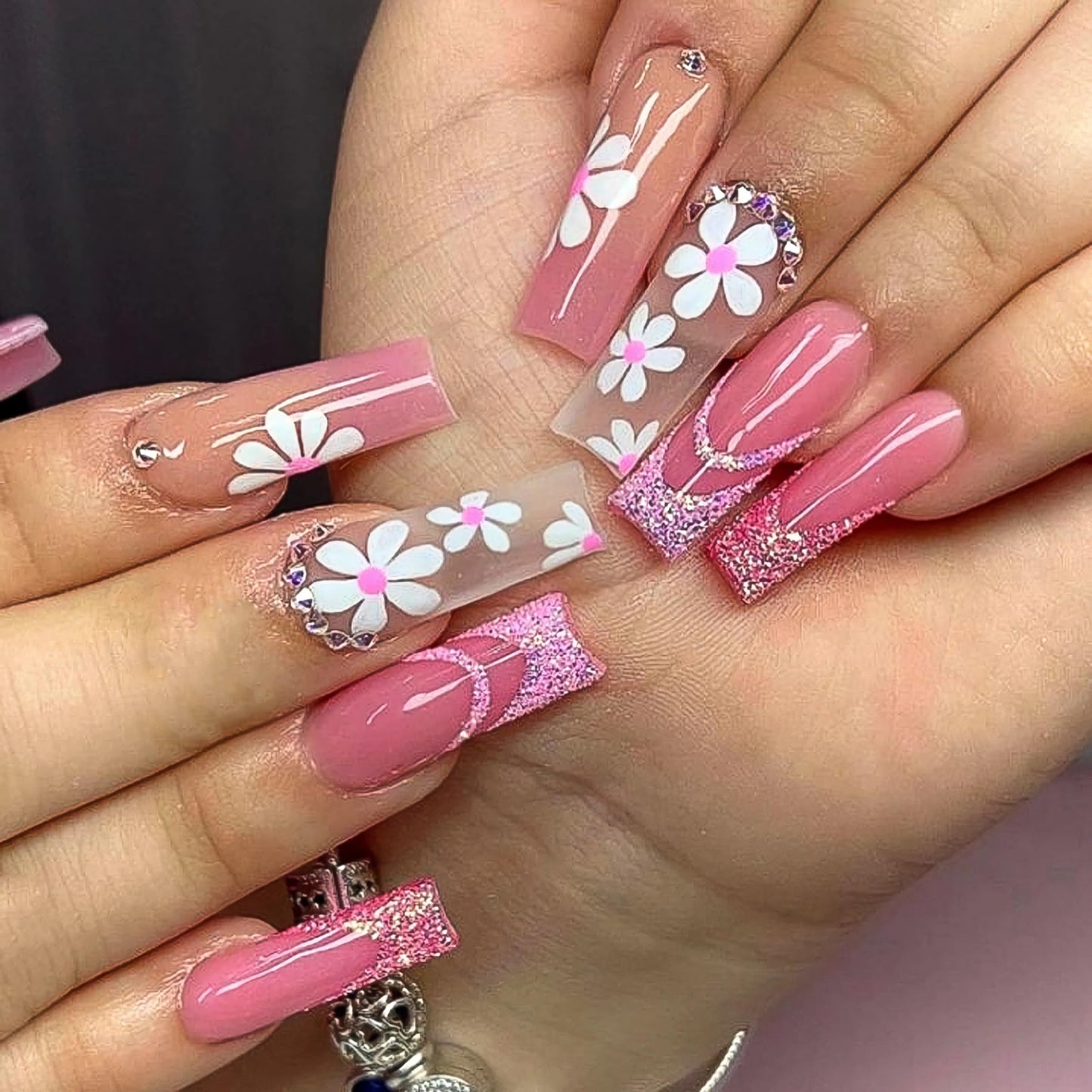 BABALAL Square Press on Nails Medium Fake Nails Sliver Glue on Nails Shiny Squoval Flower Stick on Nails for Women and Girls