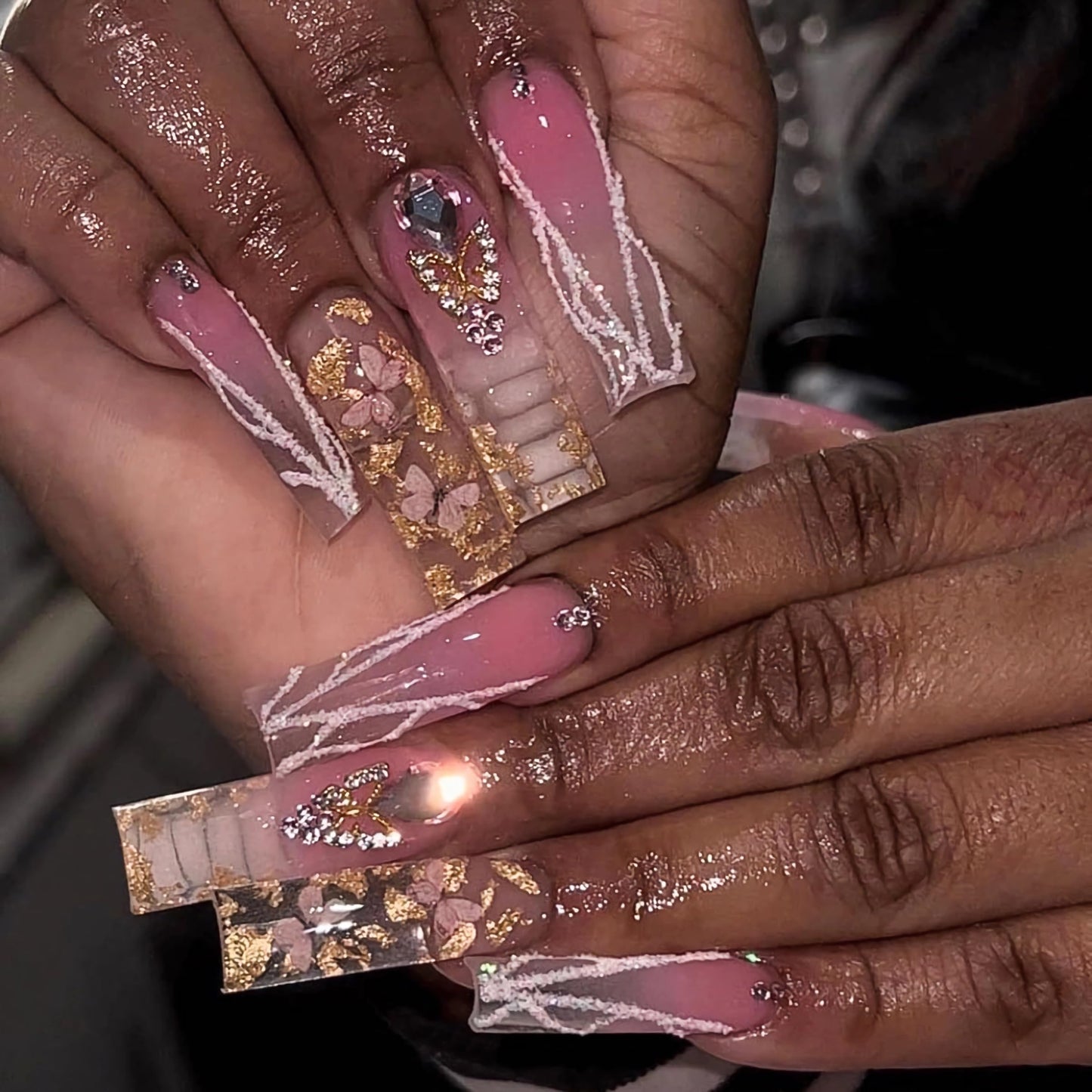 BABALAL Coffin Press on Nails Long Fake Nails White French Glue on Nails Glitter Rhinestone Flower Design Ballerina False Nails 24Pcs Shiny Acrylic Nails for Women and Girls