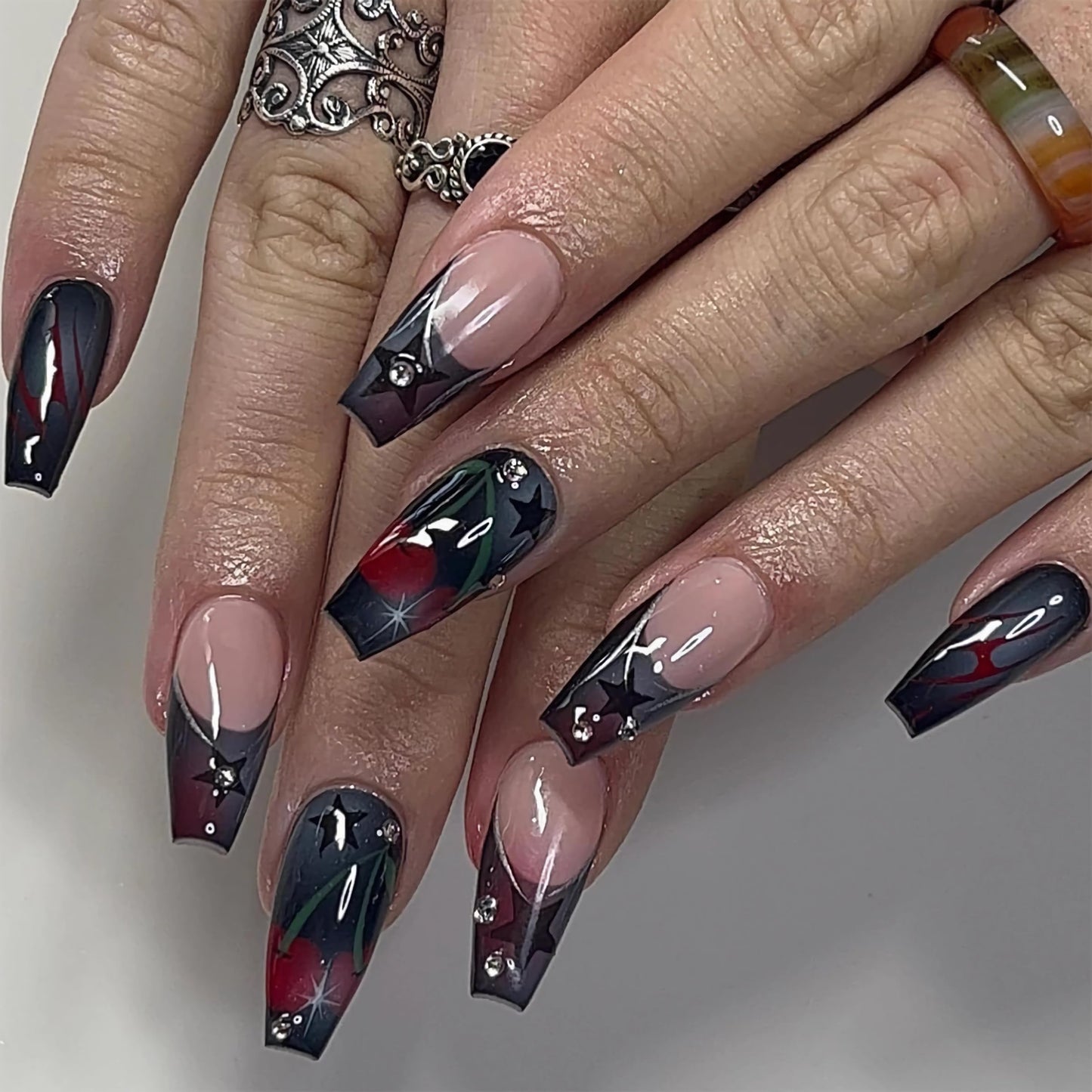BABALAL Coffin Press on Nails Long Fake Nails White French Glue on Nails Glitter Rhinestone Flower Design Ballerina False Nails 24Pcs Shiny Acrylic Nails for Women and Girls