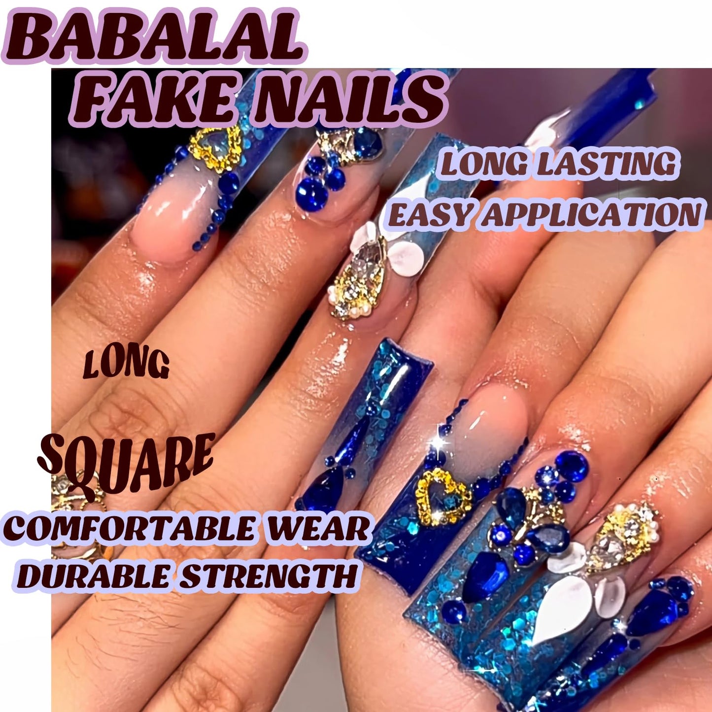 BABALAL Square Press on Nails Medium Fake Nails Sliver Glue on Nails Shiny Squoval Flower Stick on Nails for Women and Girls