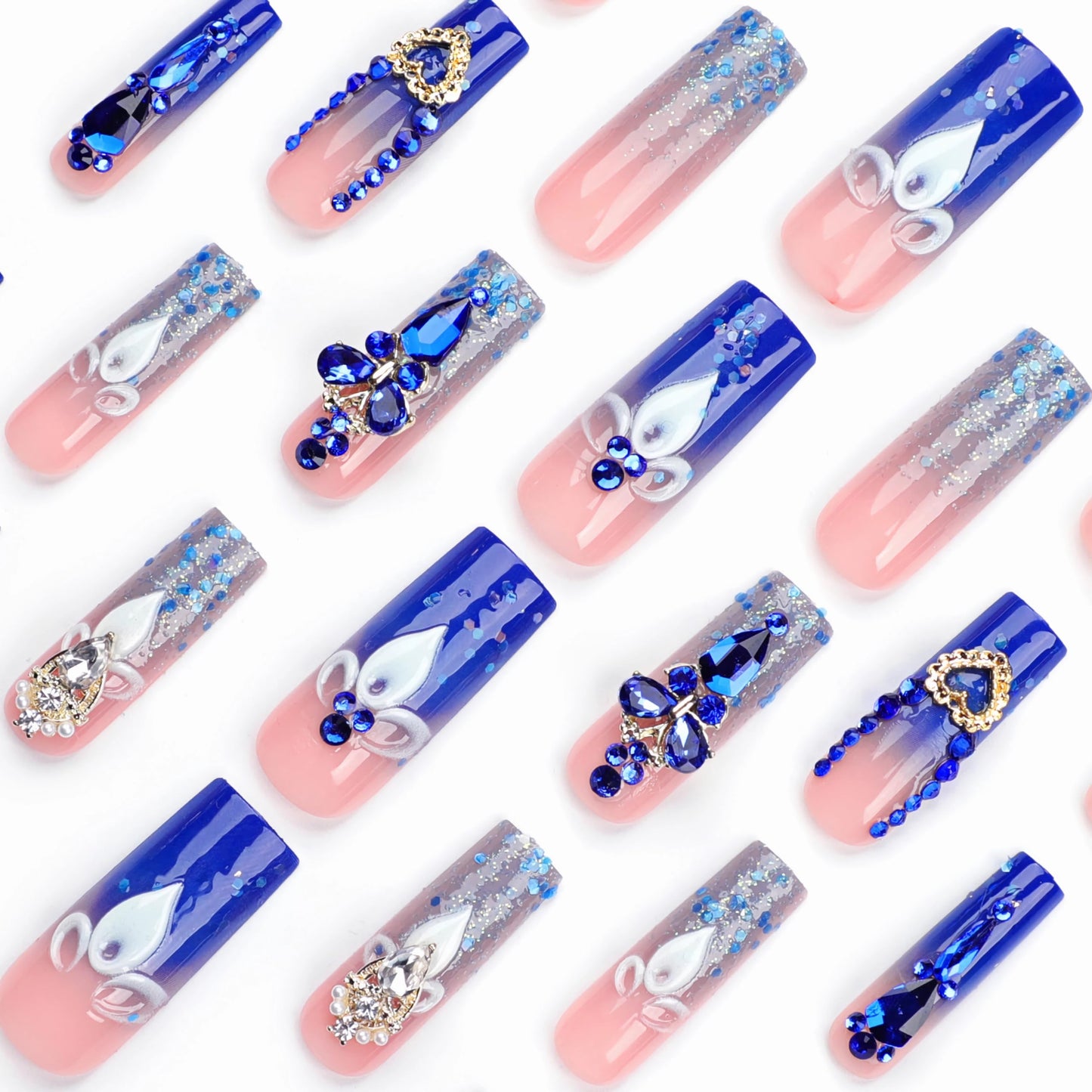 BABALAL Square Press on Nails Medium Fake Nails Sliver Glue on Nails Shiny Squoval Flower Stick on Nails for Women and Girls